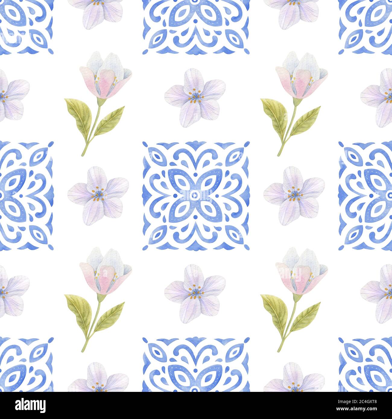Motivo senza cuciture acquerello con fiori, foglie e ornamento blu su sfondo chiaro. Immagine acquerello brillante. Foto Stock