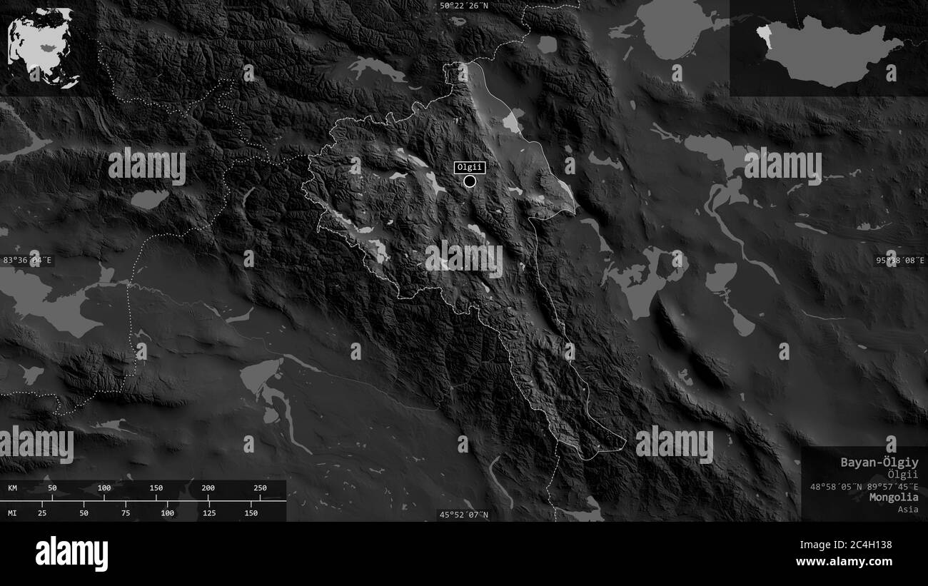 Bayan-Ölgiy, provincia della Mongolia. Mappa in scala di grigi con laghi e fiumi. Forma presentata contro la sua area di paese con overlay informativi. Rendering 3D Foto Stock