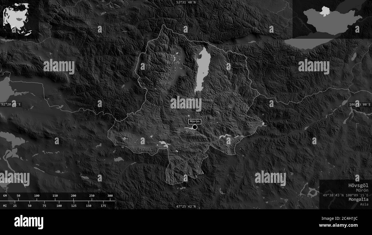 Hövsgöl, provincia della Mongolia. Mappa in scala di grigi con laghi e fiumi. Forma presentata contro la sua area di paese con overlay informativi. Rendering 3D Foto Stock