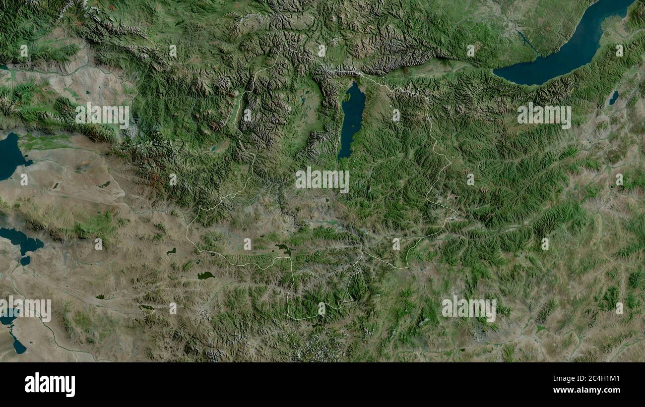 Hövsgöl, provincia della Mongolia. Immagini satellitari. Forma delineata rispetto alla sua area di paese. Rendering 3D Foto Stock