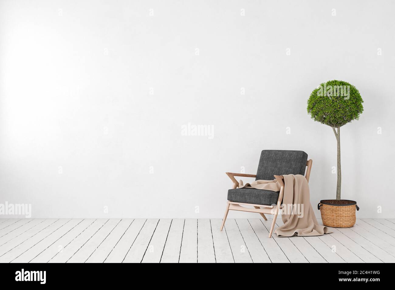 Interno bianco vuoto, parete vuota con poltrona, pianta albero. mockup dell'illustrazione di rendering 3d. Foto Stock