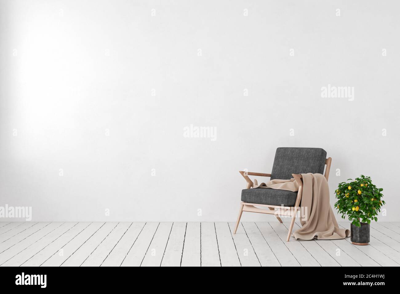 Interno bianco vuoto, parete vuota con poltrona, pianta limone albero. mockup dell'illustrazione di rendering 3d. Foto Stock