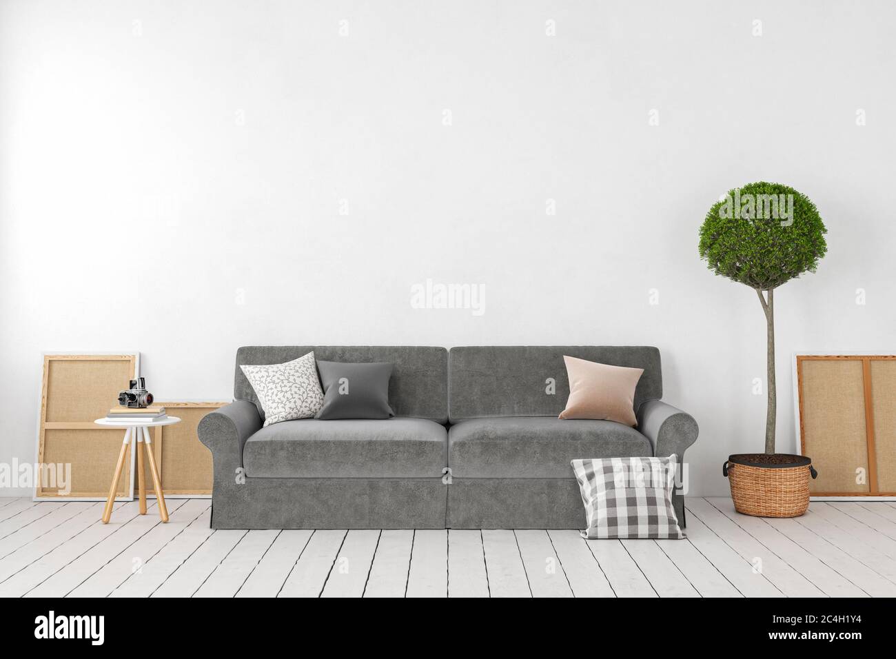 Interno bianco vuoto, parete vuota con divano, pianta, albero, cuscini. mockup dell'illustrazione di rendering 3d Foto Stock
