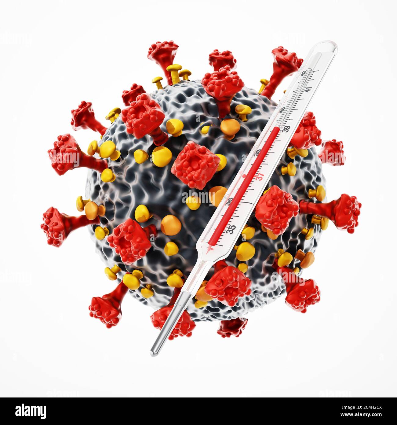 Virus generico e termometro isolati su sfondo bianco. Illustrazione 3D. Foto Stock