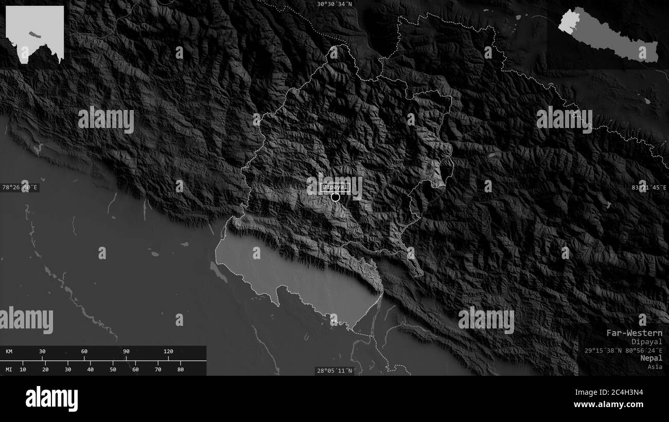 Regione di sviluppo del Nepal, far-occidentale. Mappa in scala di grigi con laghi e fiumi. Forma presentata contro la sua area di paese con overlay informativi. 3D Foto Stock