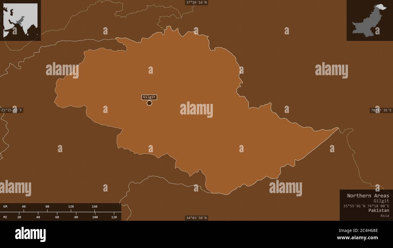 Aree settentrionali, area amministrata centralmente del Pakistan. Solidi modellati con laghi e fiumi. Forma presentata contro la sua zona di paese con informazioni Foto Stock