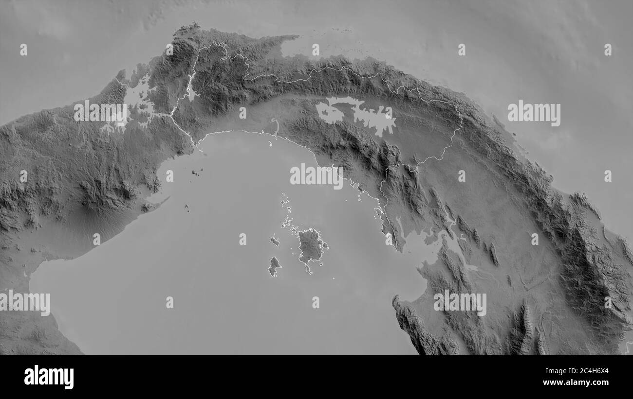 Panamá, provincia di Panama. Mappa in scala di grigi con laghi e fiumi. Forma delineata rispetto alla sua area di paese. Rendering 3D Foto Stock