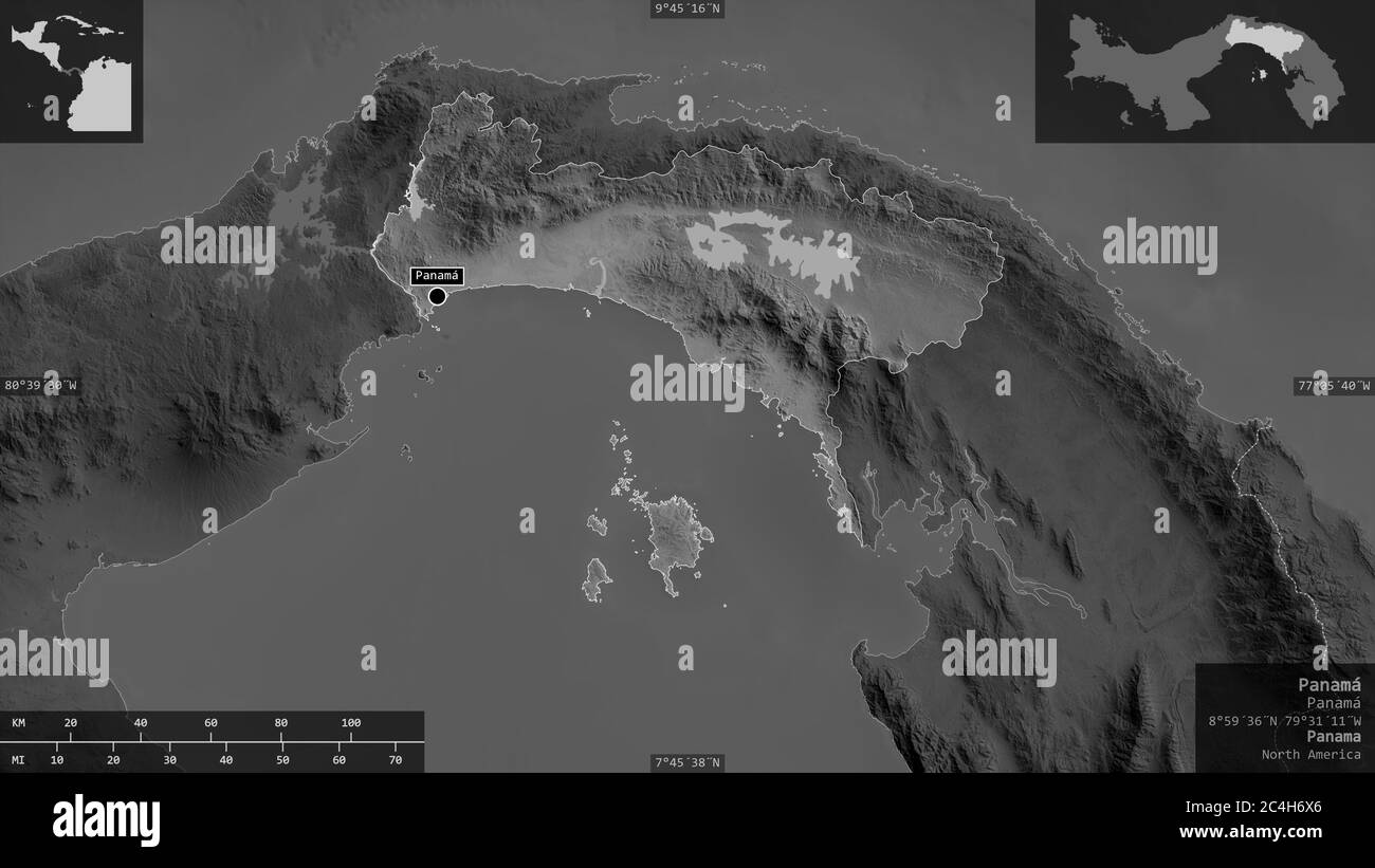 Panamá, provincia di Panama. Mappa in scala di grigi con laghi e fiumi. Forma presentata contro la sua area di paese con overlay informativi. Rendering 3D Foto Stock