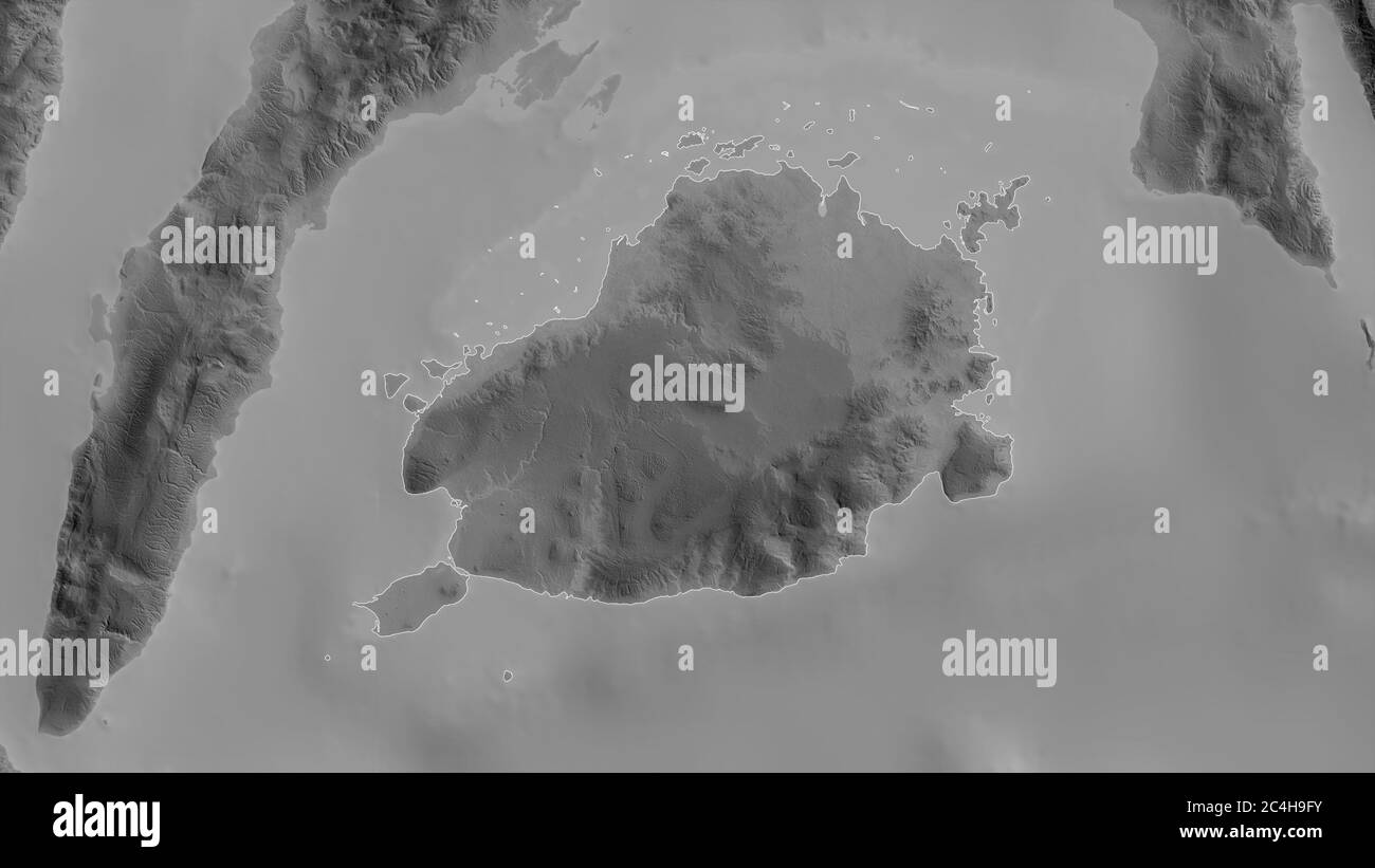 Bohol, provincia delle Filippine. Mappa in scala di grigi con laghi e fiumi. Forma delineata rispetto alla sua area di paese. Rendering 3D Foto Stock