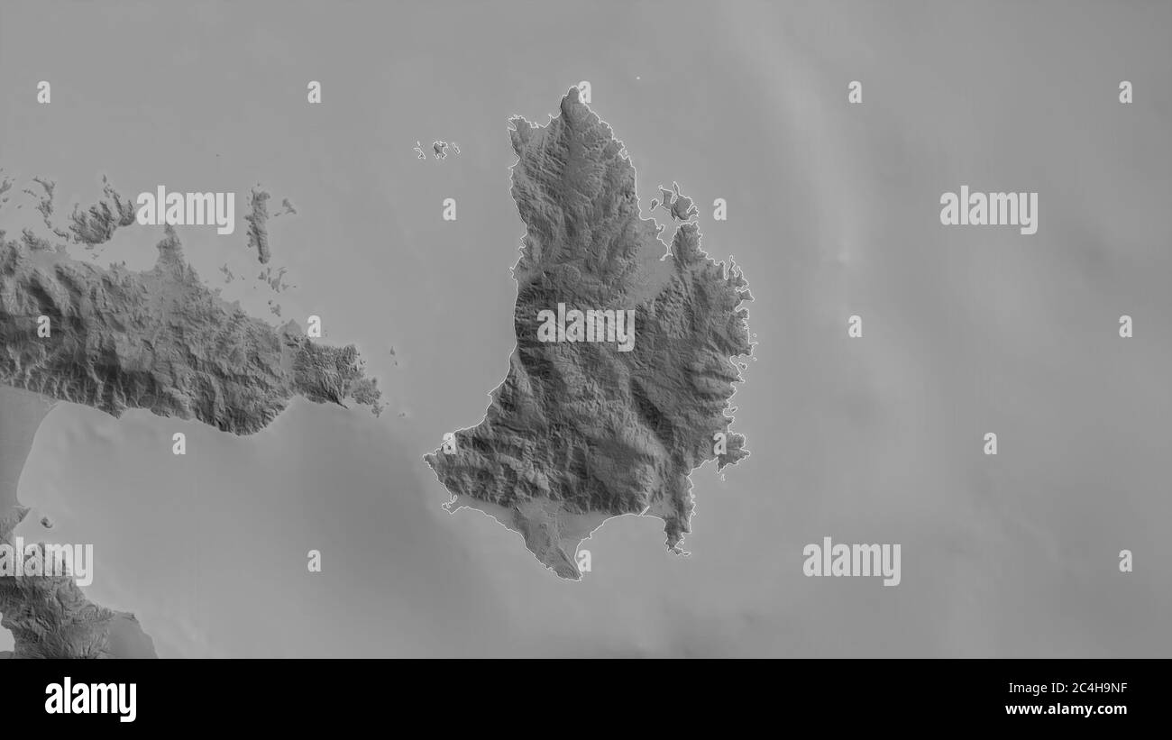 Catanduanes, provincia di Filippine. Mappa in scala di grigi con laghi e fiumi. Forma delineata rispetto alla sua area di paese. Rendering 3D Foto Stock