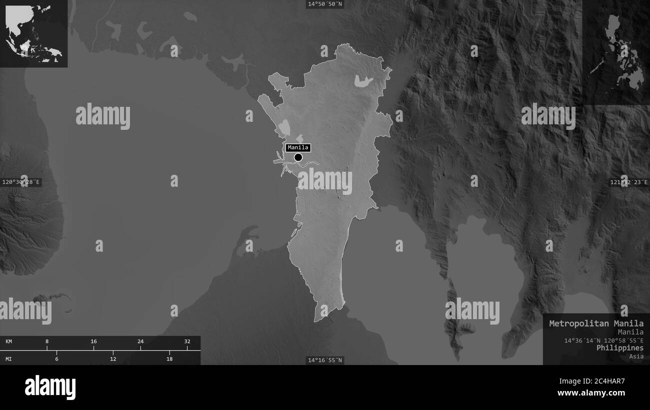 Metropolitan Manila, provincia delle Filippine. Mappa in scala di grigi con laghi e fiumi. Forma presentata contro la sua area di paese con overlay informativi Foto Stock