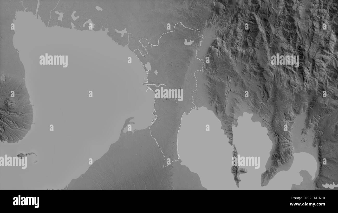 Metropolitan Manila, provincia delle Filippine. Mappa in scala di grigi con laghi e fiumi. Forma delineata rispetto alla sua area di paese. Rendering 3D Foto Stock