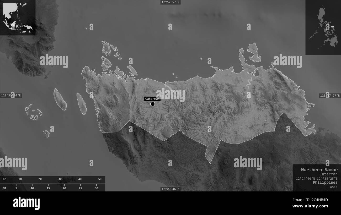 Samar settentrionale, provincia delle Filippine. Mappa in scala di grigi con laghi e fiumi. Forma presentata contro la sua area di paese con overlay informativi. 3D Foto Stock