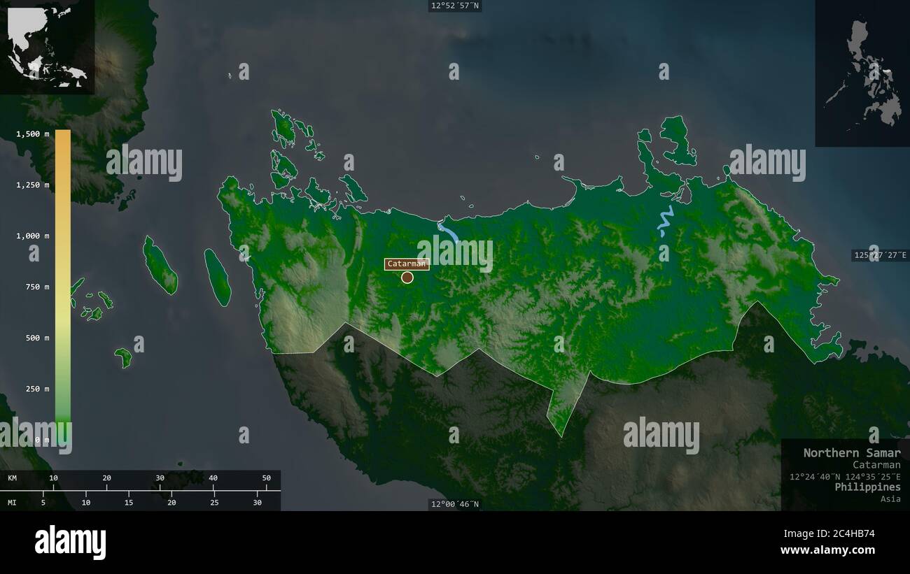Samar settentrionale, provincia delle Filippine. Dati di shader colorati con laghi e fiumi. Forma presentata contro la sua area di paese con overlay informativi Foto Stock