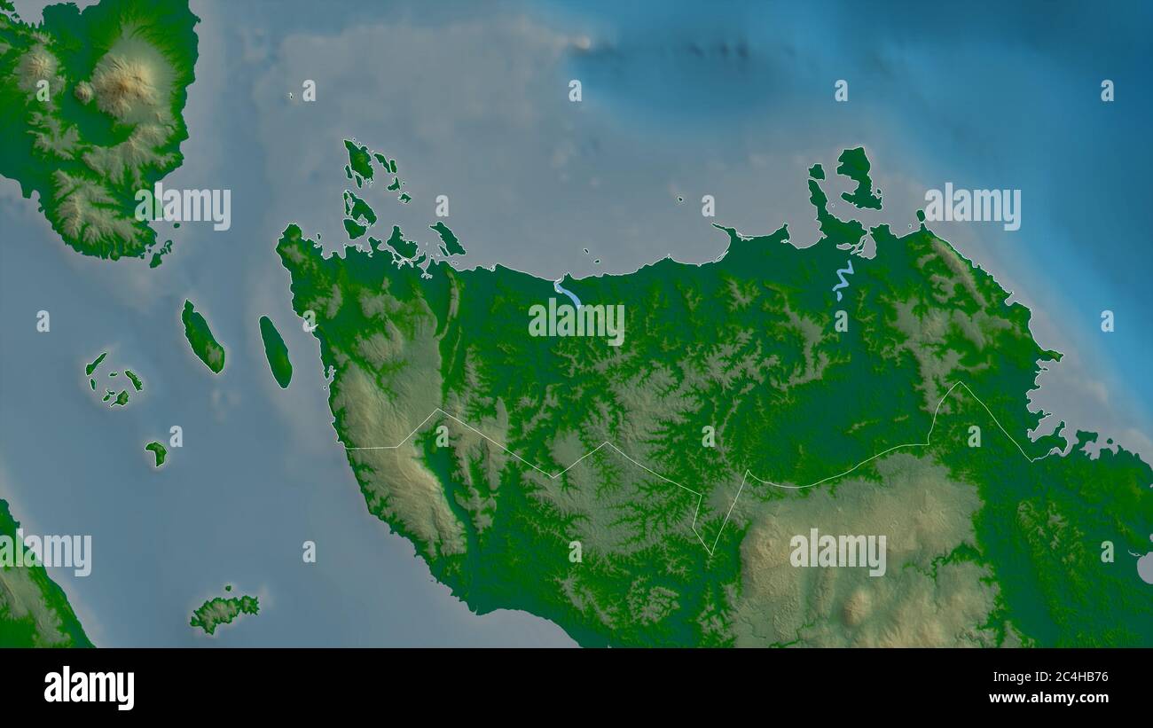 Samar settentrionale, provincia delle Filippine. Dati di shader colorati con laghi e fiumi. Forma delineata rispetto alla sua area di paese. Rendering 3D Foto Stock
