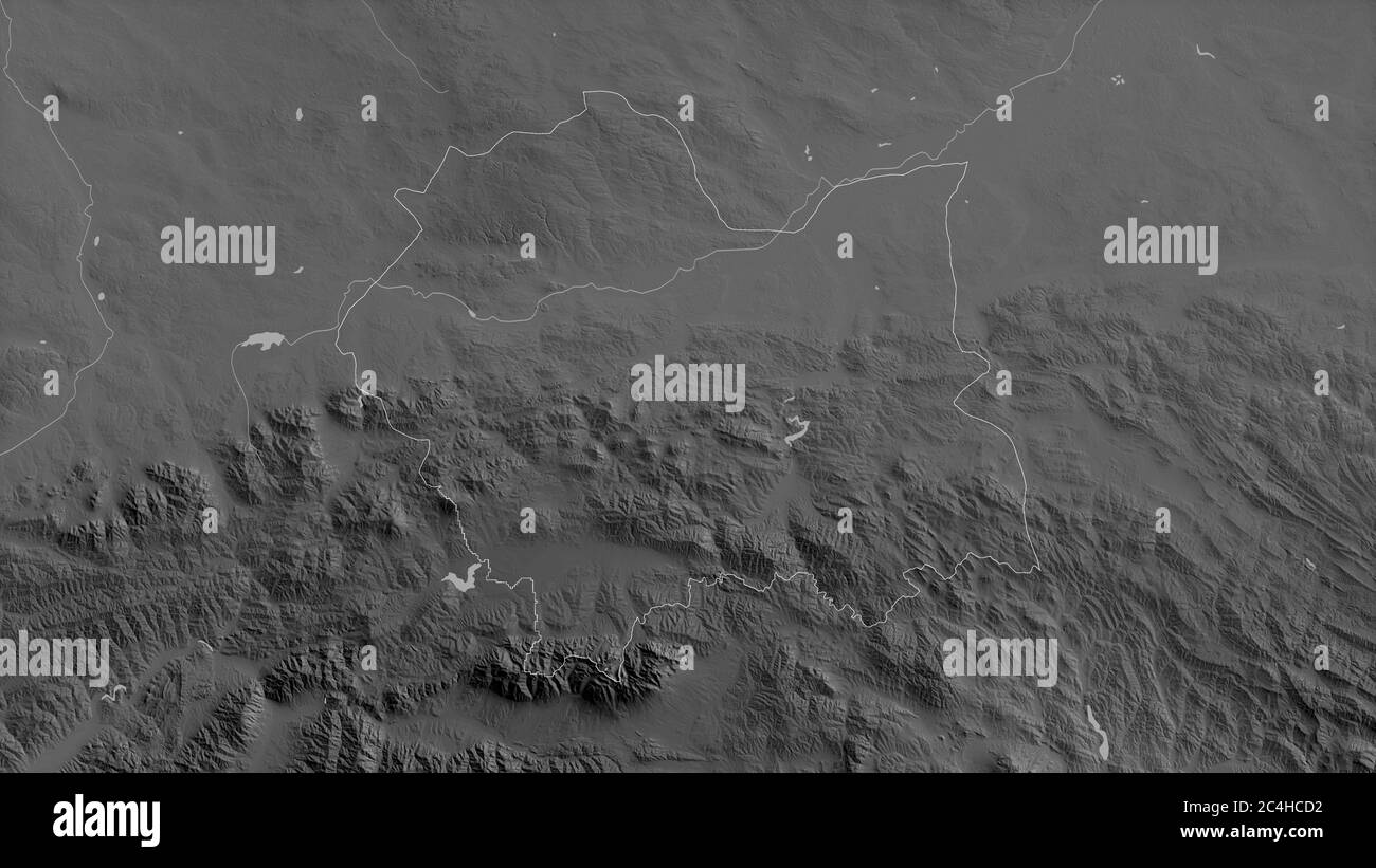Polonia minore, voivodato di Polonia. Mappa in scala di grigi con laghi e fiumi. Forma delineata rispetto alla sua area di paese. Rendering 3D Foto Stock