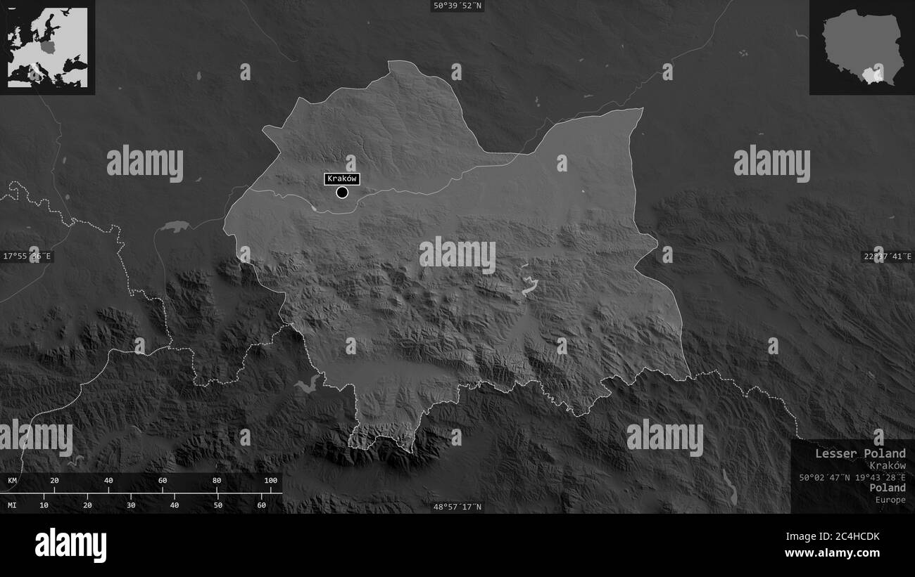 Polonia minore, voivodato di Polonia. Mappa in scala di grigi con laghi e fiumi. Forma presentata contro la sua area di paese con overlay informativi. 3D ren Foto Stock