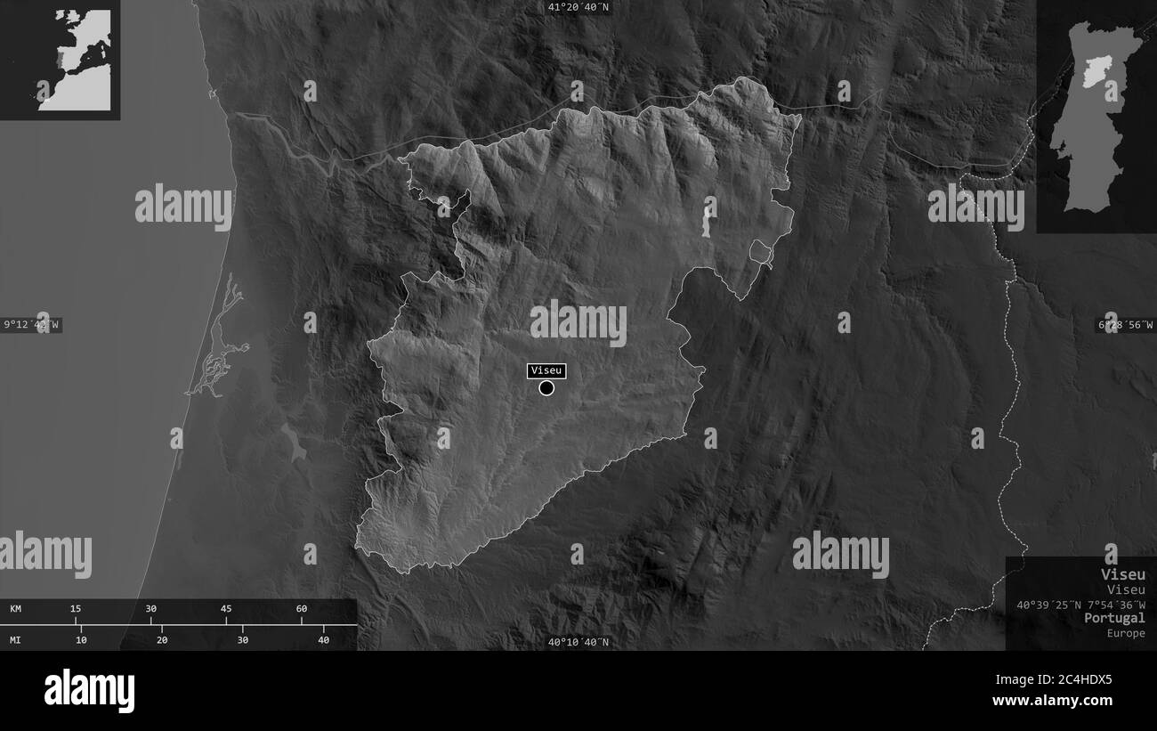 Viseu, distretto del Portogallo. Mappa in scala di grigi con laghi e fiumi. Forma presentata contro la sua area di paese con overlay informativi. Rendering 3D Foto Stock