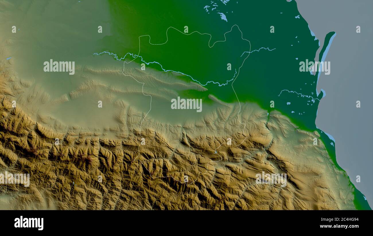 Cecenia, repubblica di Russia. Dati di shader colorati con laghi e fiumi. Forma delineata rispetto alla sua area di paese. Rendering 3D Foto Stock