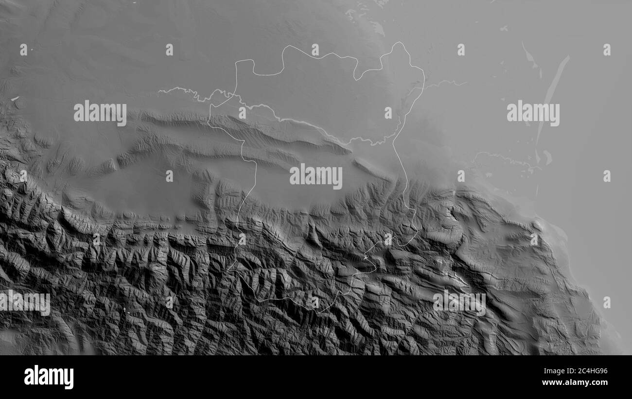 Cecenia, repubblica di Russia. Mappa in scala di grigi con laghi e fiumi. Forma delineata rispetto alla sua area di paese. Rendering 3D Foto Stock