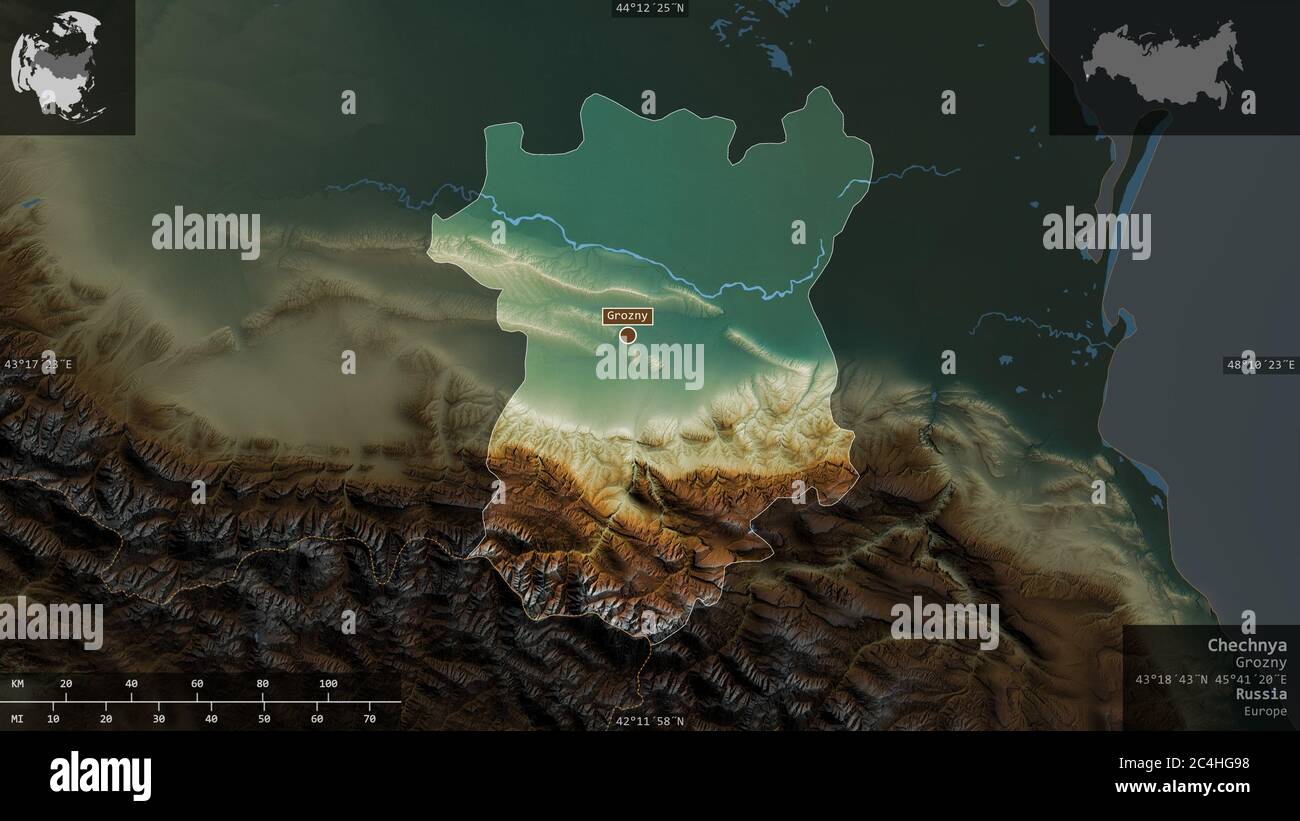 Cecenia, repubblica di Russia. Rilievo colorato con laghi e fiumi. Forma presentata contro la sua area di paese con overlay informativi. Rendering 3D Foto Stock