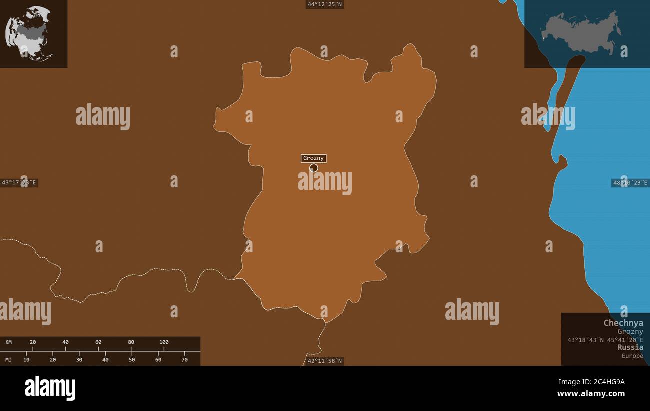 Cecenia, repubblica di Russia. Solidi modellati con laghi e fiumi. Forma presentata contro la sua area di paese con overlay informativi. Rendering 3D Foto Stock