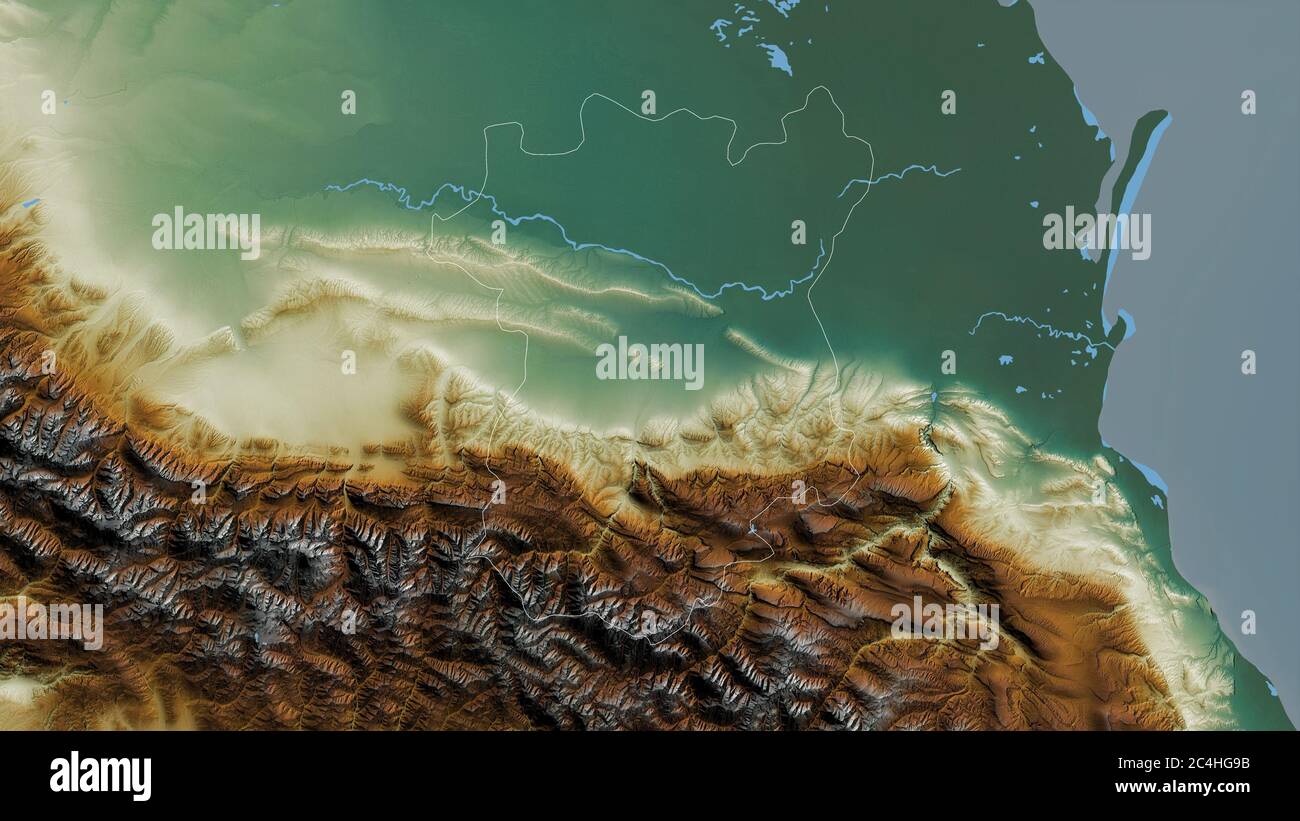 Cecenia, repubblica di Russia. Rilievo colorato con laghi e fiumi. Forma delineata rispetto alla sua area di paese. Rendering 3D Foto Stock