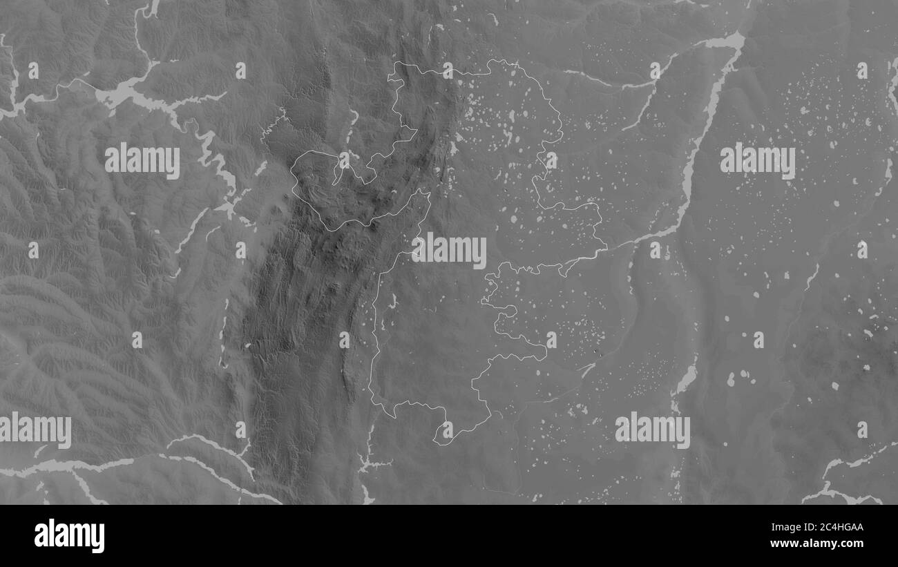 Chelyabinsk, regione della Russia. Mappa in scala di grigi con laghi e fiumi. Forma delineata rispetto alla sua area di paese. Rendering 3D Foto Stock