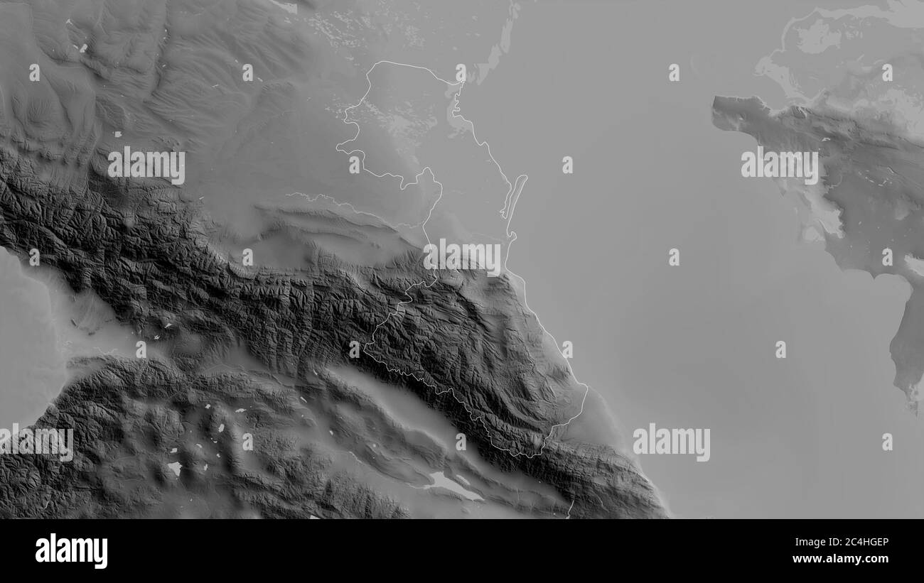 Dagestan, repubblica di Russia. Mappa in scala di grigi con laghi e fiumi. Forma delineata rispetto alla sua area di paese. Rendering 3D Foto Stock
