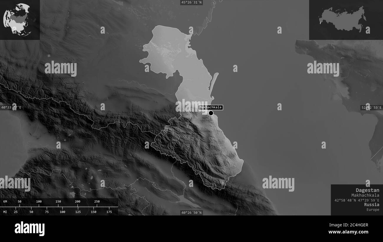 Dagestan, repubblica di Russia. Mappa in scala di grigi con laghi e fiumi. Forma presentata contro la sua area di paese con overlay informativi. Rendering 3D Foto Stock