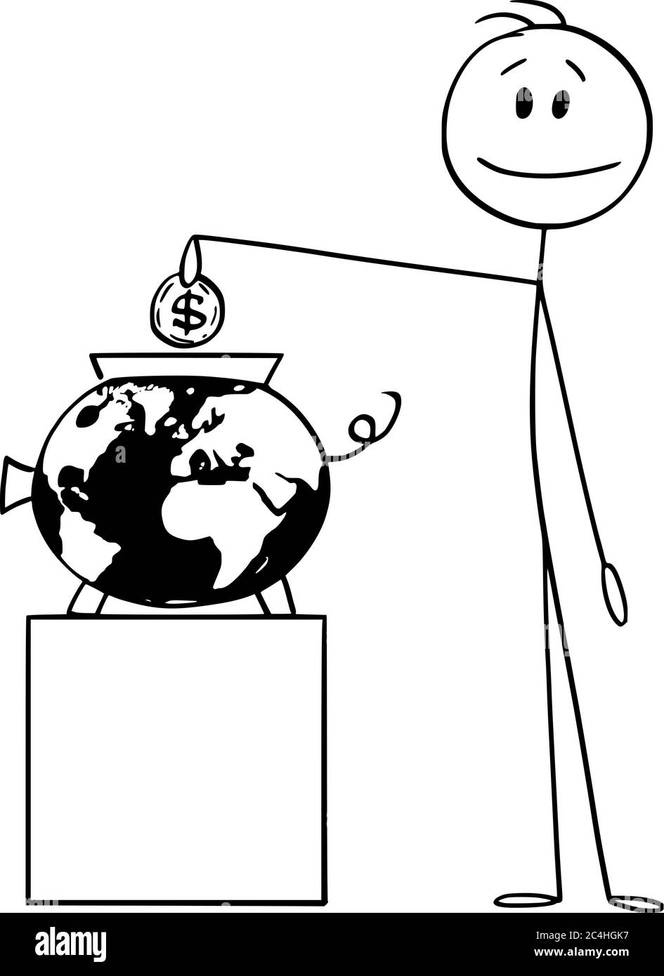Grafico vettoriale del cartoon disegno illustrazione concettuale di uomo o uomo d'affari che mette la moneta a una banca piggy che rappresenta il globo, la Terra o il mondo. Investire nel futuro globale. Illustrazione Vettoriale