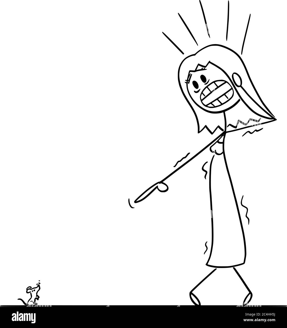 Figura del cartoon vettoriale disegno illustrazione concettuale di donna o ragazza spaventati con musofobia guardando un piccolo mouse o topi e subisce un attacco di panico. Illustrazione Vettoriale