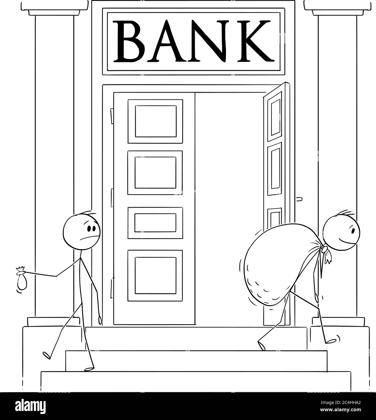 Vettore cartoon figura disegno disegno disegno concettuale di uomo d'affari lasciando banca con piccolo sacchetto di soldi mentre un altro uomo porta borsa grande. Concetto di prestito, debito o investimento. Illustrazione Vettoriale