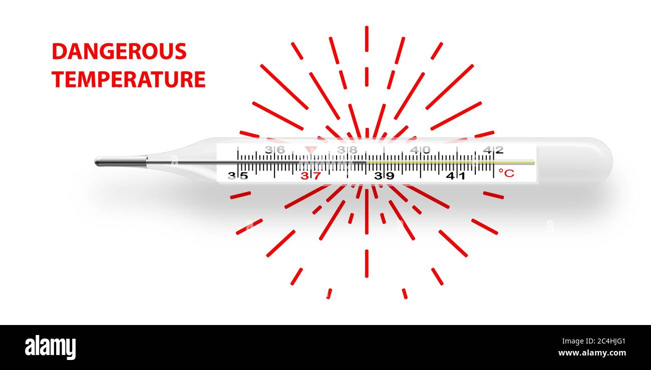 Il termometro Mercurial è posizionato orizzontalmente. Indica una temperatura pericolosa di 38.5 °C. Oggetto realistico isolato su sfondo bianco con divergin Illustrazione Vettoriale