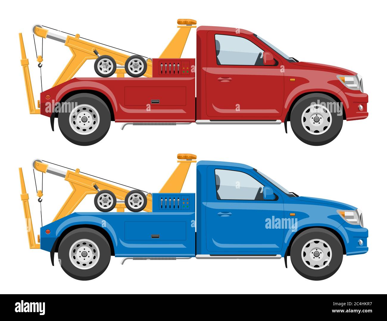 Modello vettoriale per la vista laterale dei carrelli di traino rossi e blu con colori semplici senza gradienti ed effetti Illustrazione Vettoriale