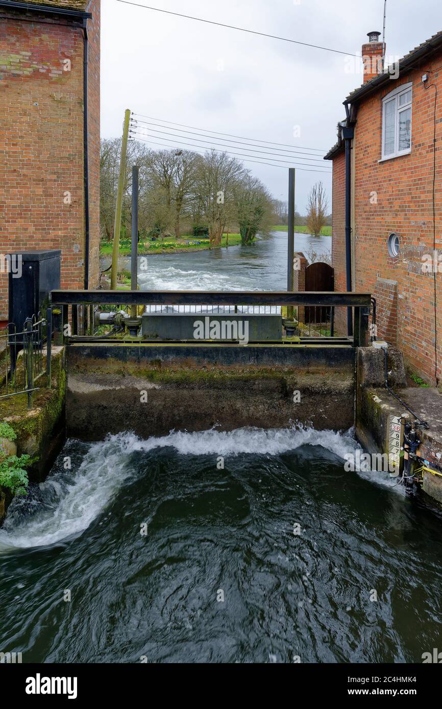 Sluice Gate sul fiume Avon ad alto livello dell'acqua, Waterside Mill, Downton, Wiltshire, Regno Unito Foto Stock