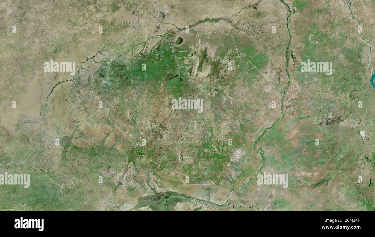 Kurdufan del Sud, stato del Sudan. Immagini satellitari. Forma delineata rispetto alla sua area di paese. Rendering 3D Foto Stock