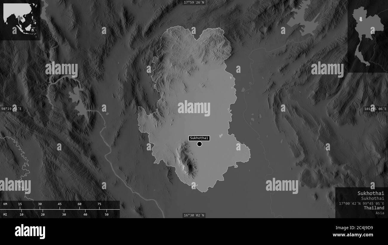Sukhothai, provincia della Thailandia. Mappa in scala di grigi con laghi e fiumi. Forma presentata contro la sua area di paese con overlay informativi. Rendering 3D Foto Stock