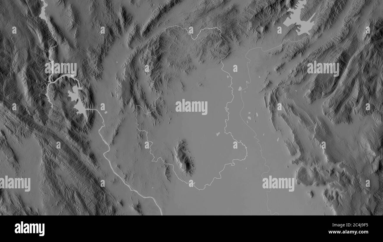 Sukhothai, provincia della Thailandia. Mappa in scala di grigi con laghi e fiumi. Forma delineata rispetto alla sua area di paese. Rendering 3D Foto Stock