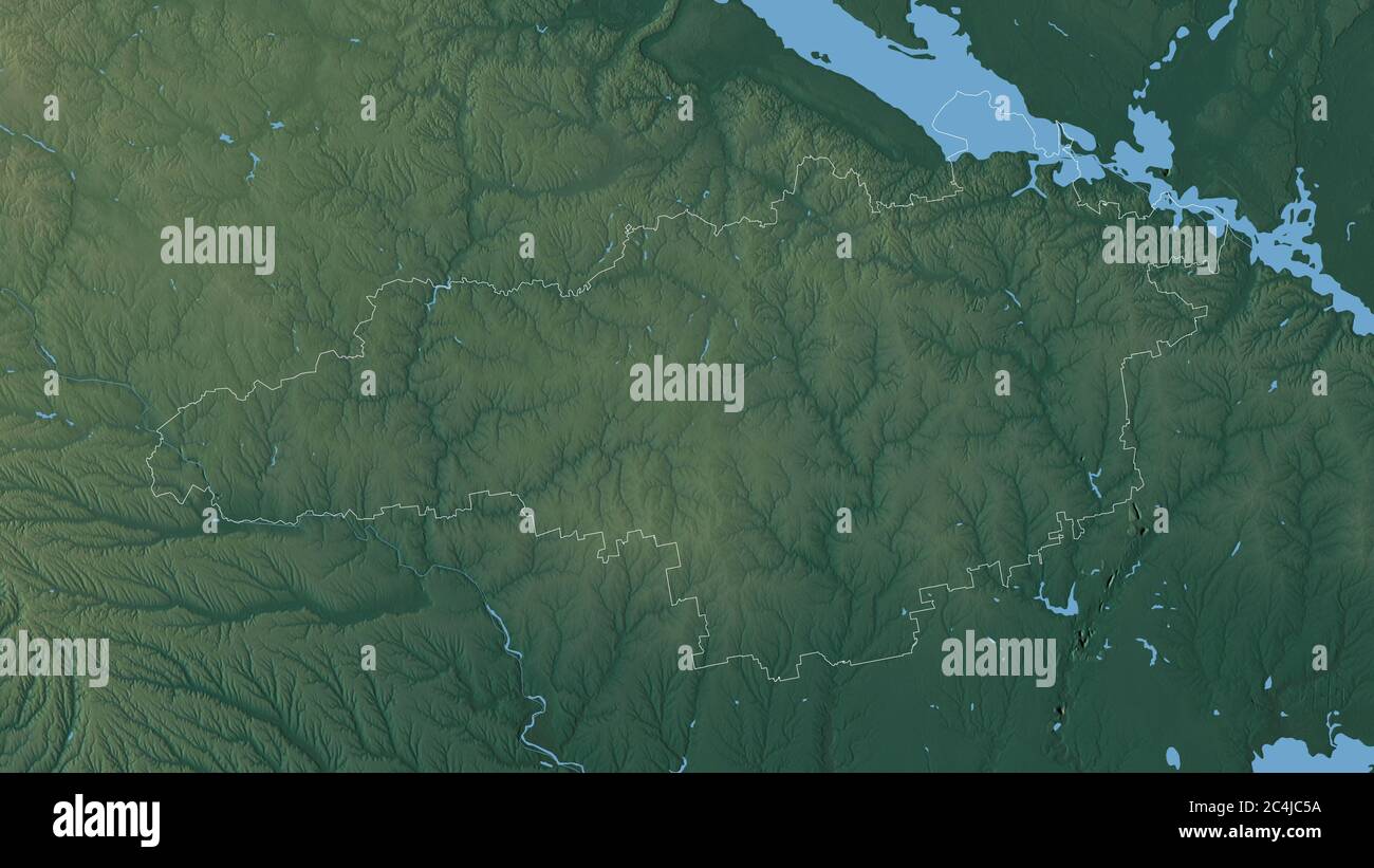 Kirovohrad, regione dell'Ucraina. Rilievo colorato con laghi e fiumi. Forma delineata rispetto alla sua area di paese. Rendering 3D Foto Stock