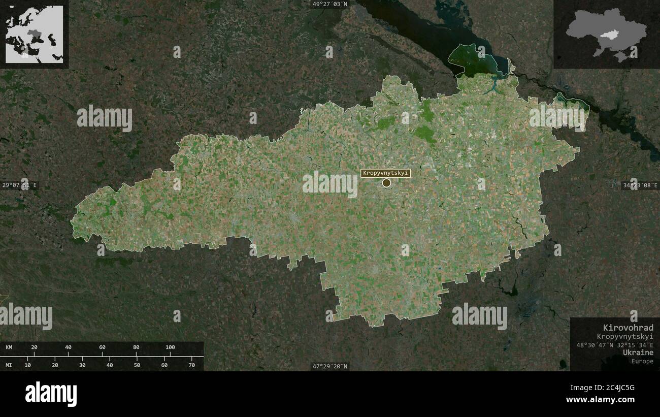 Kirovohrad, regione dell'Ucraina. Immagini satellitari. Forma presentata contro la sua area di paese con overlay informativi. Rendering 3D Foto Stock