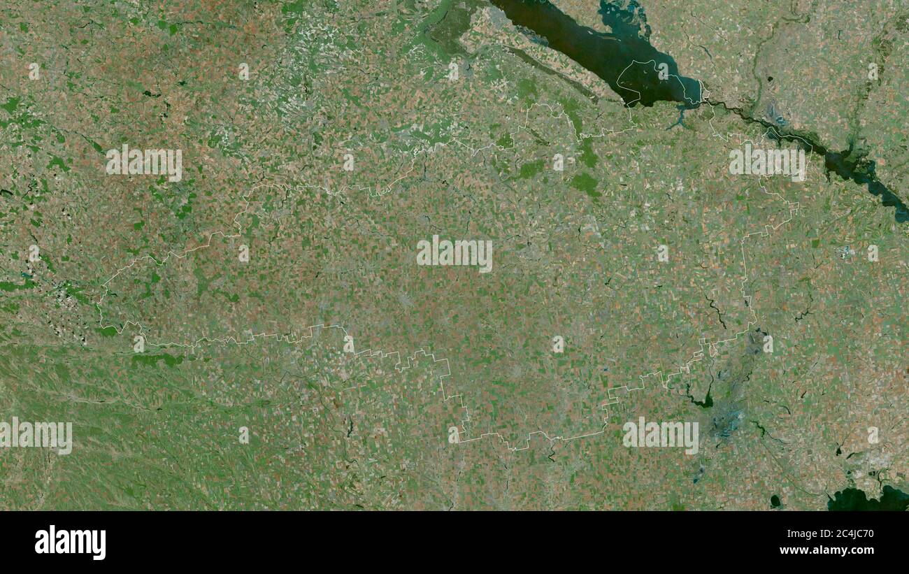 Kirovohrad, regione dell'Ucraina. Immagini satellitari. Forma delineata rispetto alla sua area di paese. Rendering 3D Foto Stock