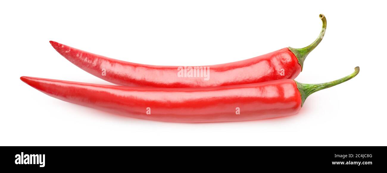 Due peperoncini caldi isolati su sfondo bianco Foto Stock