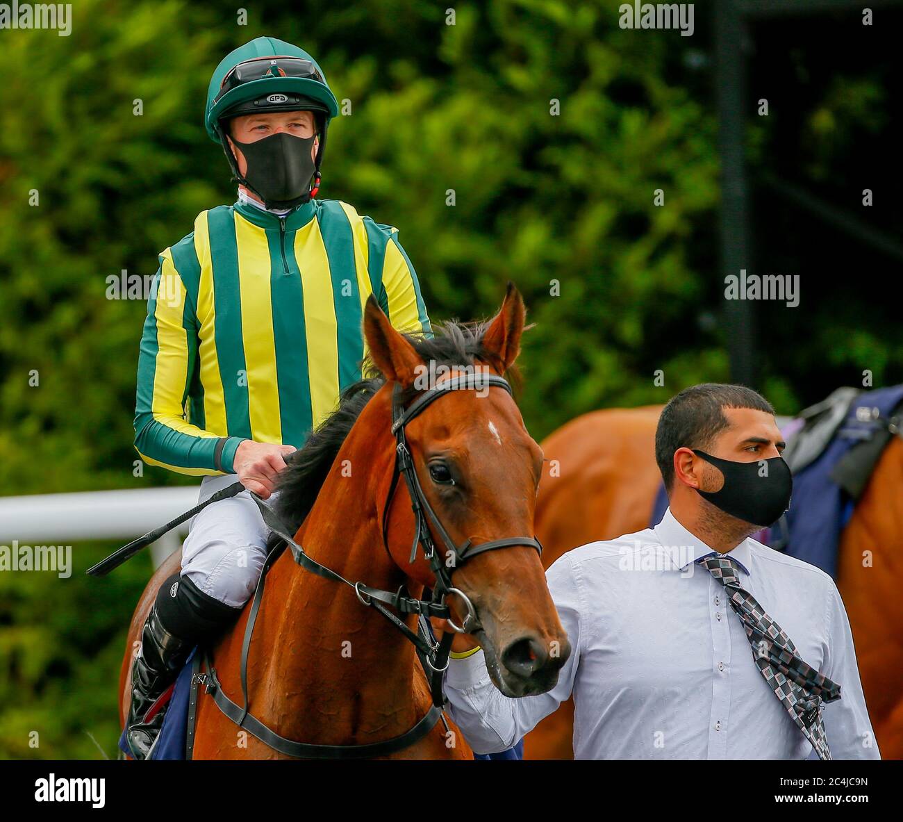 Il volto diverso guidato dal jockey Jack Mitchell è guidato dopo aver vinto il Betway British Stallion Stacchs EBF Novice Stakes all'Ippodromo di Lingfield. Foto Stock