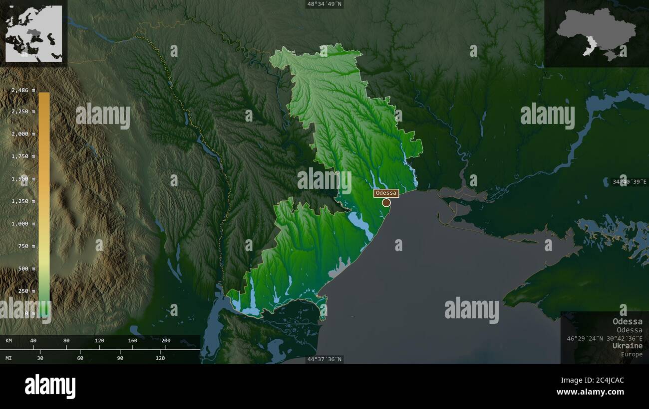 Odessa, regione dell'Ucraina. Dati di shader colorati con laghi e fiumi. Forma presentata contro la sua area di paese con overlay informativi. Rendering 3D Foto Stock