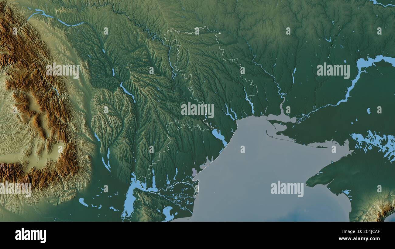 Odessa, regione dell'Ucraina. Rilievo colorato con laghi e fiumi. Forma delineata rispetto alla sua area di paese. Rendering 3D Foto Stock