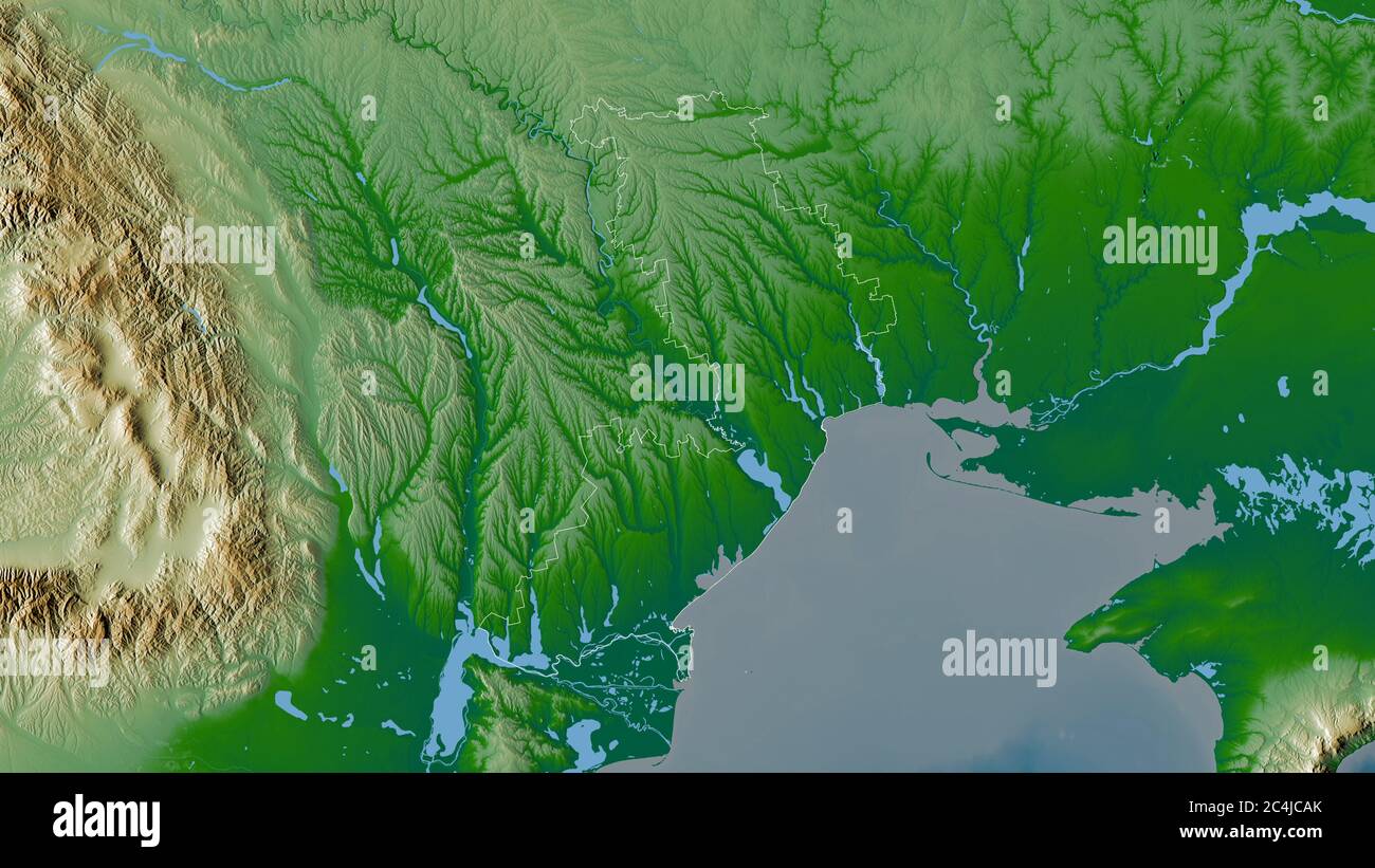 Odessa, regione dell'Ucraina. Dati di shader colorati con laghi e fiumi. Forma delineata rispetto alla sua area di paese. Rendering 3D Foto Stock
