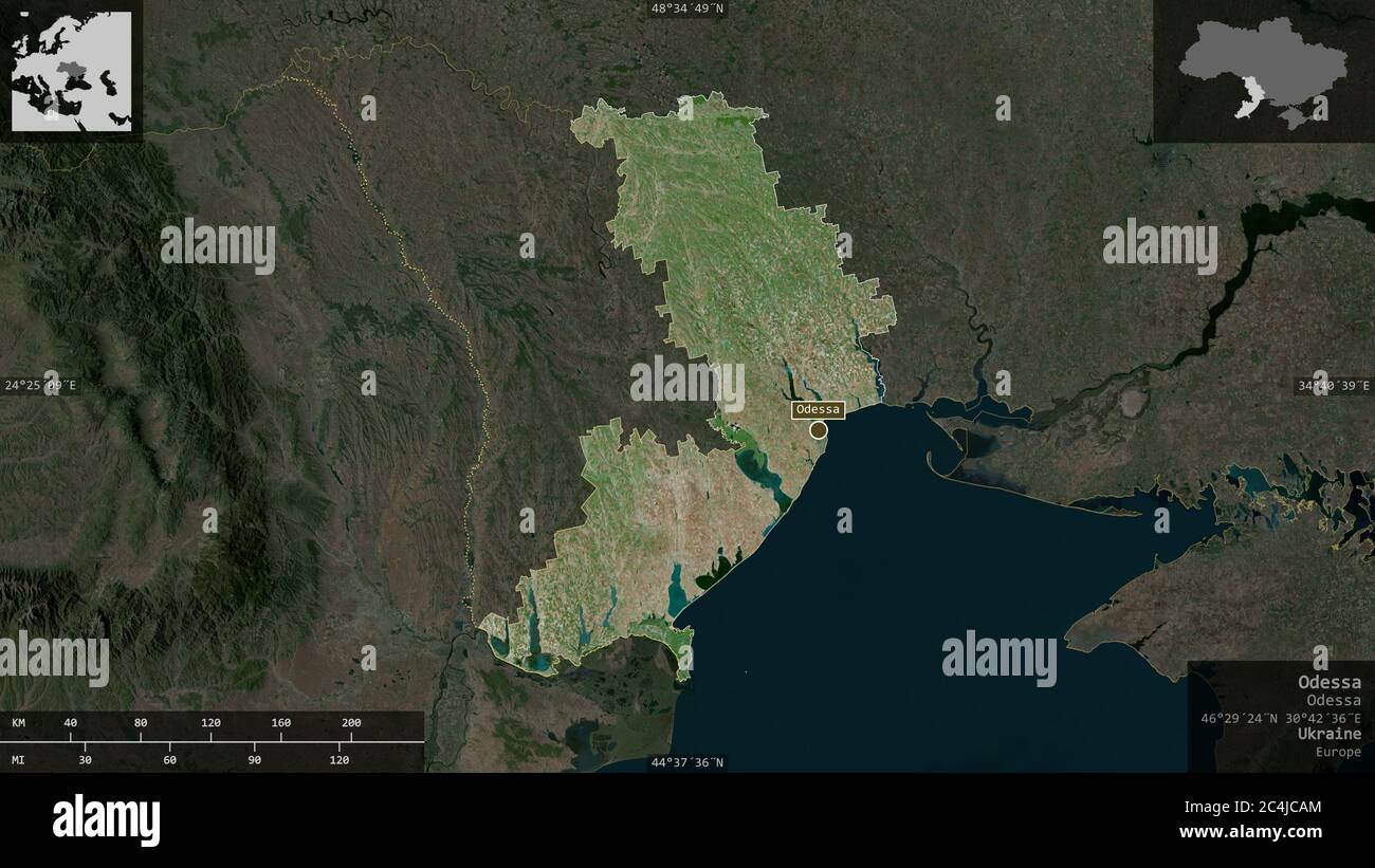 Odessa, regione dell'Ucraina. Immagini satellitari. Forma presentata contro la sua area di paese con overlay informativi. Rendering 3D Foto Stock