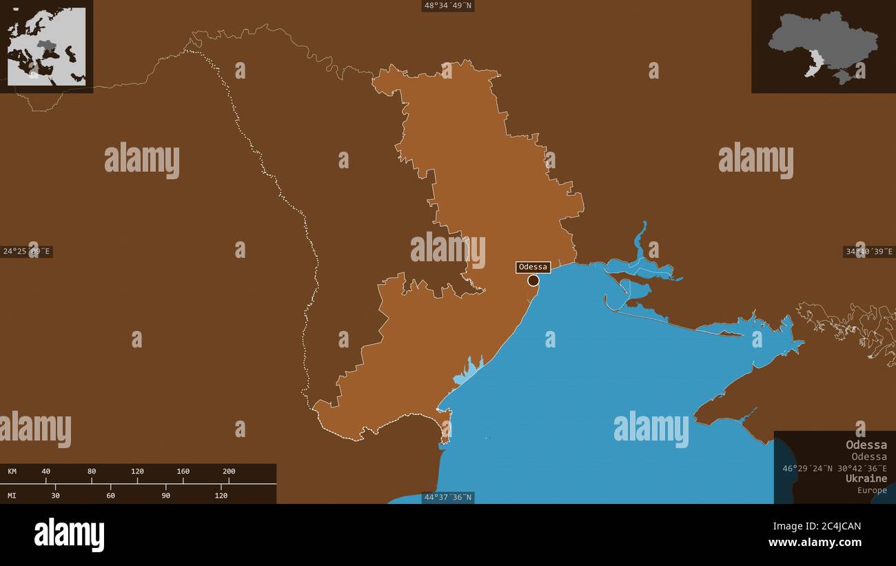 Odessa, regione dell'Ucraina. Solidi modellati con laghi e fiumi. Forma presentata contro la sua area di paese con overlay informativi. Rendering 3D Foto Stock