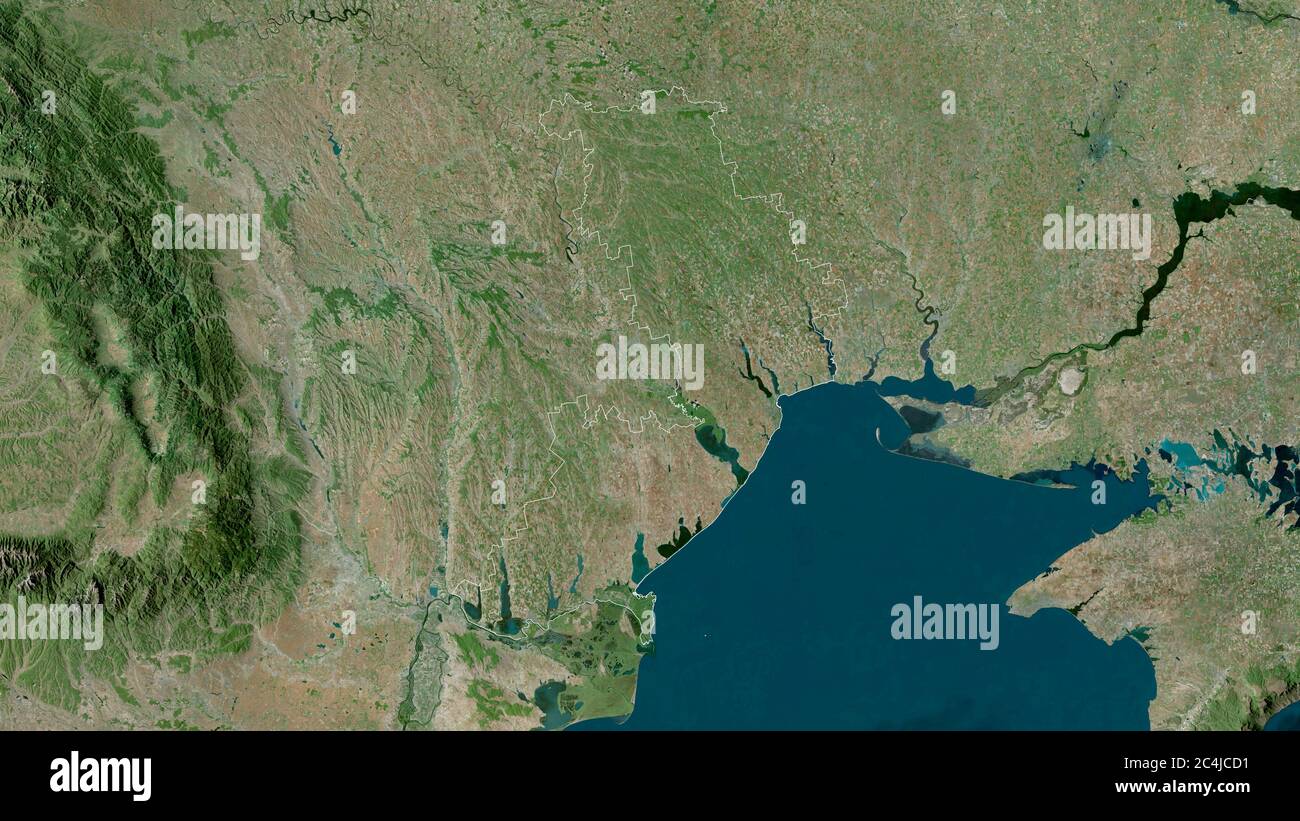 Odessa, regione dell'Ucraina. Immagini satellitari. Forma delineata rispetto alla sua area di paese. Rendering 3D Foto Stock